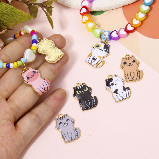 Picture of Zinc Based Alloy Charms Gold Plated Multicolor Cat Animal Animal Enamel 25mm x 17mm