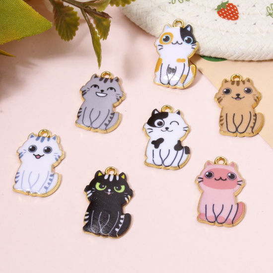 Picture of Zinc Based Alloy Charms Gold Plated Multicolor Cat Animal Animal Enamel 25mm x 17mm