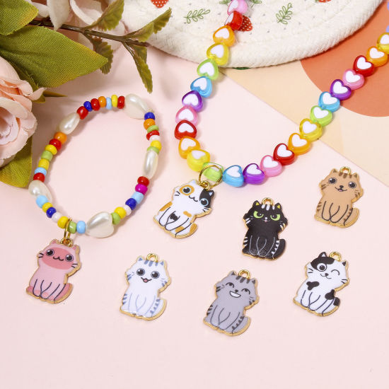 Picture of Zinc Based Alloy Charms Gold Plated Multicolor Cat Animal Animal Enamel 25mm x 17mm