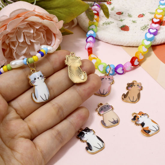 Picture of Zinc Based Alloy Charms Gold Plated Multicolor Cat Animal Animal Enamel 24mm x 14mm