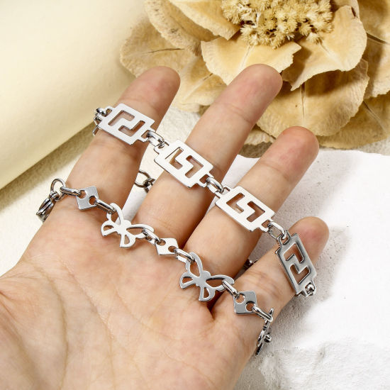 Image de 1 Piece 304 Stainless Steel Handmade Link Chain Bracelets Silver Tone 19cm(7 4/8") long