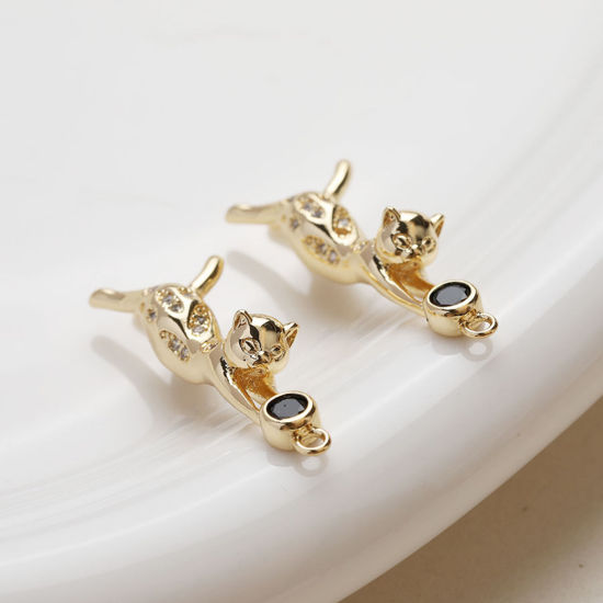 1 個 真鍮 ペンダント 猫 多色 3D クリア & 黒ジルコン 3.2cmx 0.8cm、 の画像