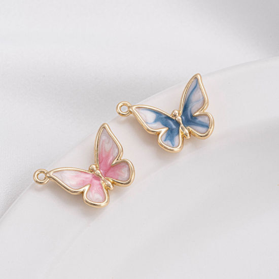 Picture of Brass Insect Charms 14K Real Gold Plated Butterfly Animal Enamel 17mm x 14mm