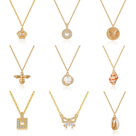 Picture of Eco-friendly Retro Retro 18K Real Gold Plated Brass & Rhinestone Link Cable Chain Crown Micro Pave Pendant Necklace For Women Party