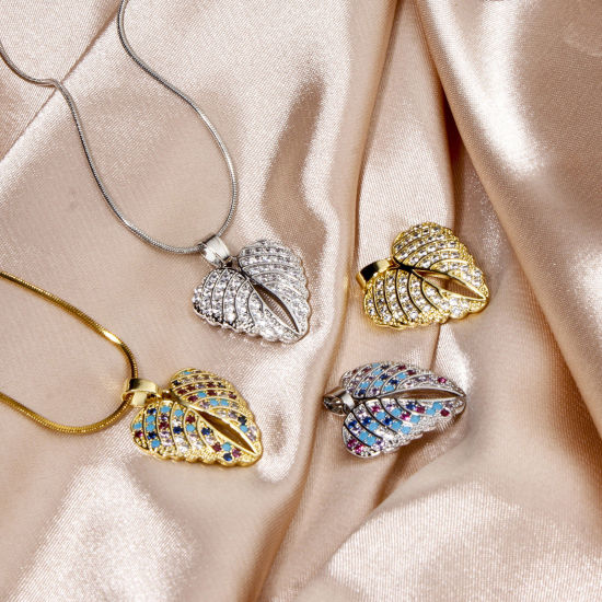 Picture of Brass Valentine's Day Charm Pendant Heart Wing Micro Pave Clear Cubic Zirconia 23mm x 18mm