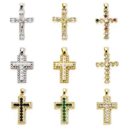 Brass Religious Pendants 18K Gold Plated Cross Micro Pave Multicolor Rhinestone