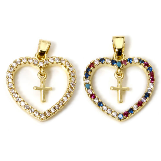 Изображение 1 ШТ Латунь религия Подвески Сердце 18K настоящее золото с покрытием Крест Бижутерия усыпанная мелким фианит 22мм x 17мм