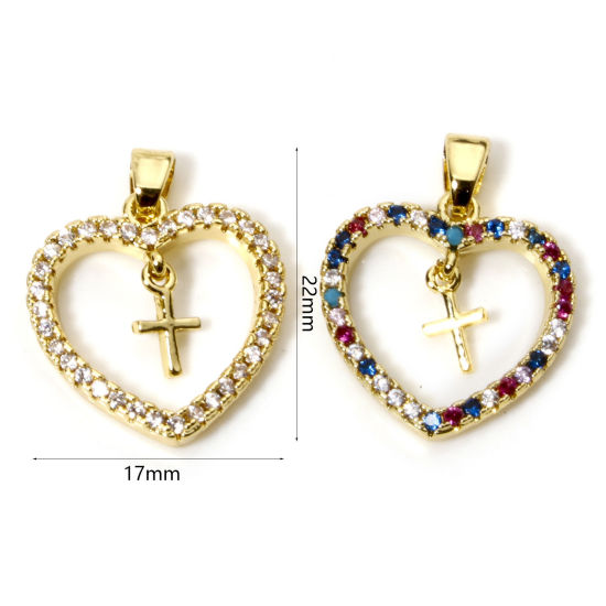 Изображение 1 ШТ Латунь религия Подвески Сердце 18K настоящее золото с покрытием Крест Бижутерия усыпанная мелким фианит 22мм x 17мм