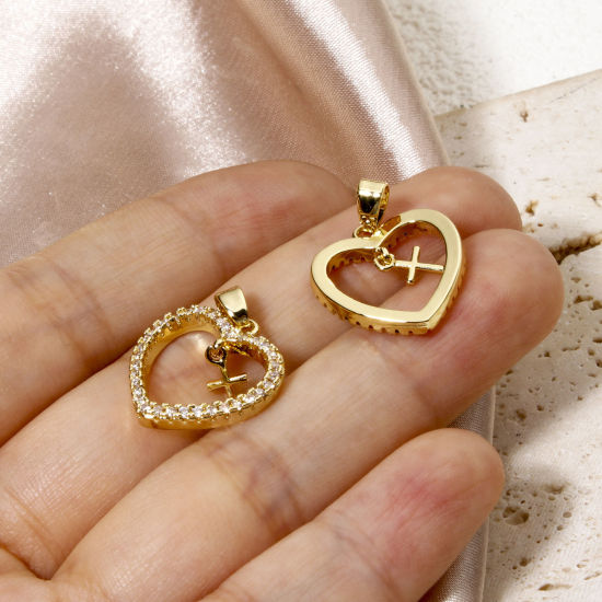 Изображение 1 ШТ Латунь религия Подвески Сердце 18K настоящее золото с покрытием Крест Бижутерия усыпанная мелким фианит 22мм x 17мм