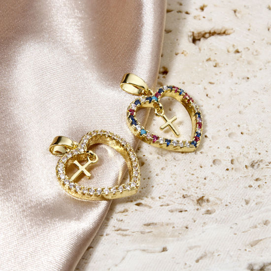 Изображение 1 ШТ Латунь религия Подвески Сердце 18K настоящее золото с покрытием Крест Бижутерия усыпанная мелким фианит 22мм x 17мм