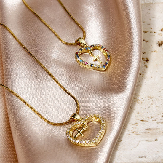 Изображение 1 ШТ Латунь религия Подвески Сердце 18K настоящее золото с покрытием Крест Бижутерия усыпанная мелким фианит 22мм x 17мм