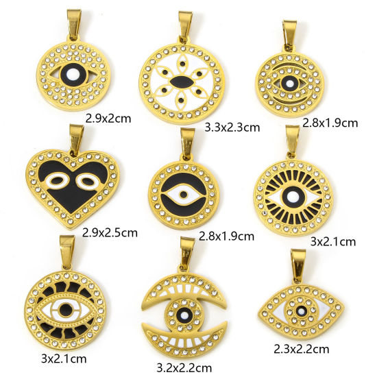 Image de 1 Pièce Pendentif Breloque en 304 Acier Inoxydable Placage sous Vide Religieux Rond Doré Multicolore Yeux Émail à Strass Transparent