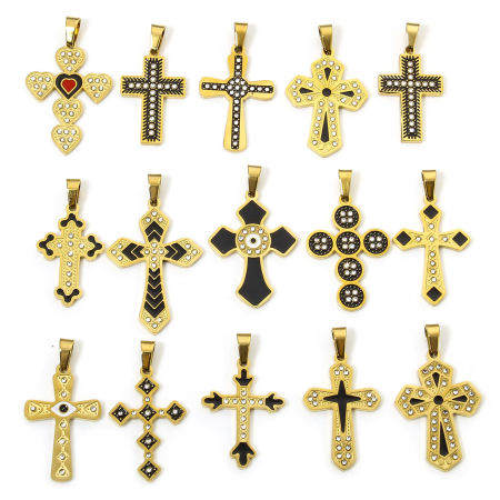 Vacuum Plating 304 Stainless Steel Religious Pendants Gold Plated Multicolor Cross Enamel Clear Rhinestone