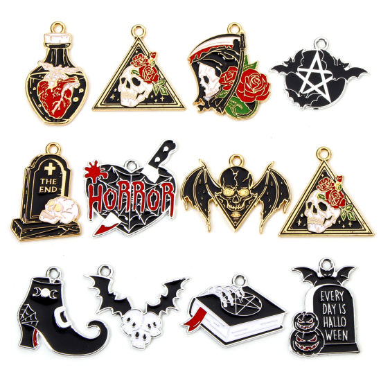 Picture of Zinc Based Alloy Halloween Charms Multicolor Skeleton Skull Halloween Tombstone Enamel