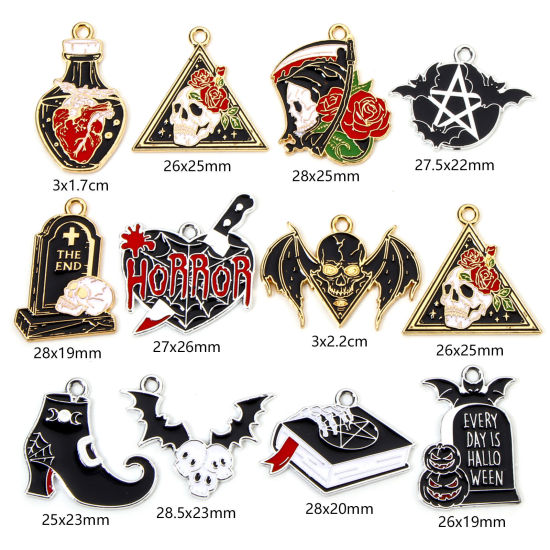 Picture of Zinc Based Alloy Halloween Charms Multicolor Skeleton Skull Halloween Tombstone Enamel