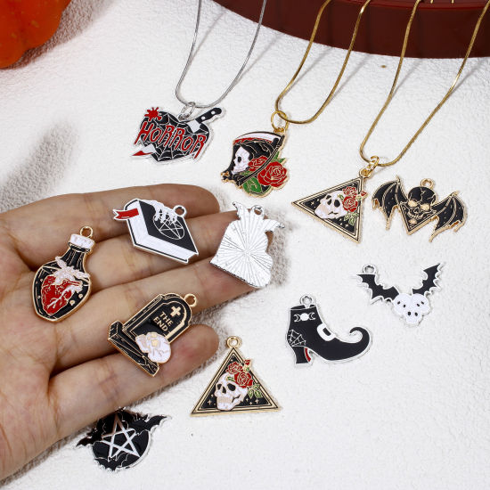 Picture of Zinc Based Alloy Halloween Charms Multicolor Skeleton Skull Halloween Tombstone Enamel