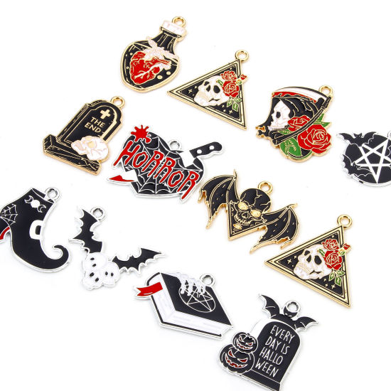 Picture of Zinc Based Alloy Halloween Charms Multicolor Skeleton Skull Halloween Tombstone Enamel