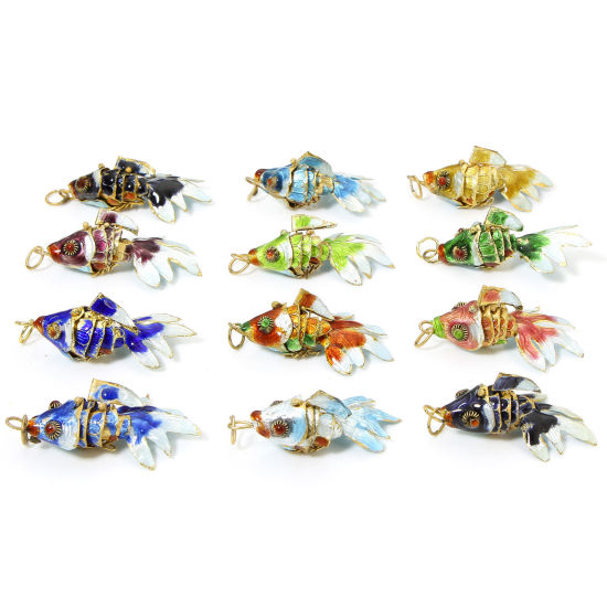 Image de 1 Pièce Pendentifs Bijoux d'Océan en Laiton Doré Multicolore Poisson Mobile 4.8cm x 2.4cm