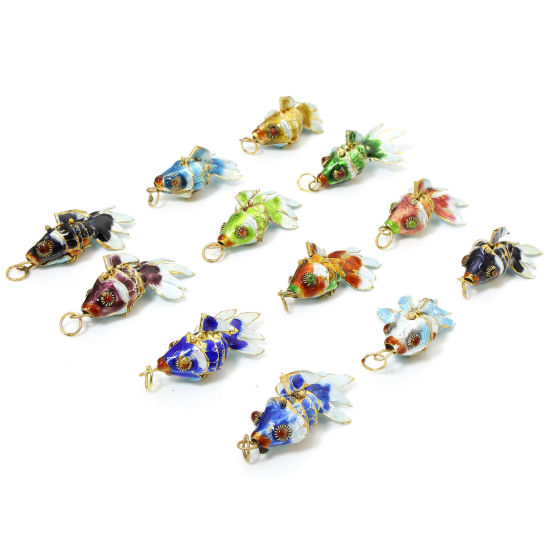 Image de 1 Pièce Pendentifs Bijoux d'Océan en Laiton Doré Multicolore Poisson Mobile 4.8cm x 2.4cm