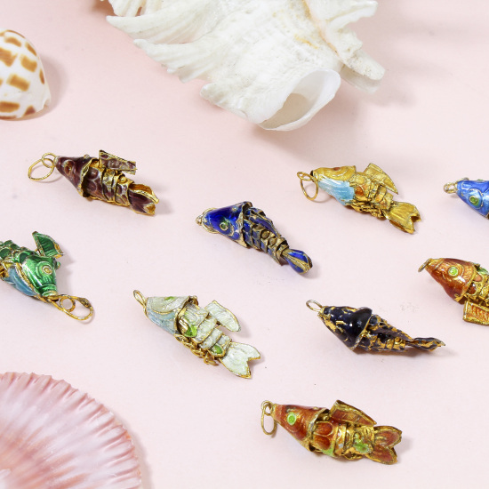 Image de 1 Piece Brass Ocean Jewelry Charms Gold Plated Multicolor Fish Animal Movable 3D 28mm x 8mm