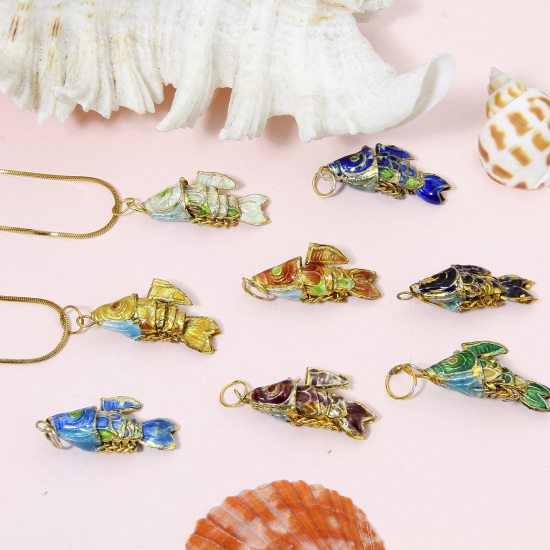 Picture of Brass Ocean Jewelry Charms Gold Plated Multicolor Fish Animal Movable 3D 28mm x 8mm