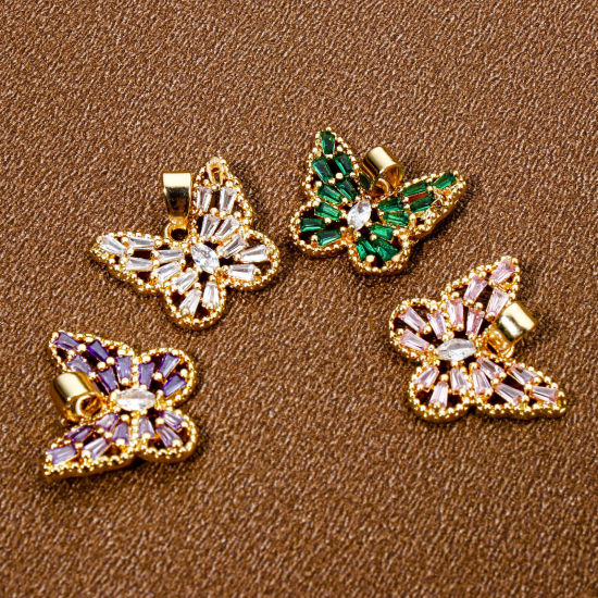 Picture of Brass Insect Charm Pendant Gold Plated Butterfly Animal Hollow Multicolor Rhinestone 16mm x 16mm