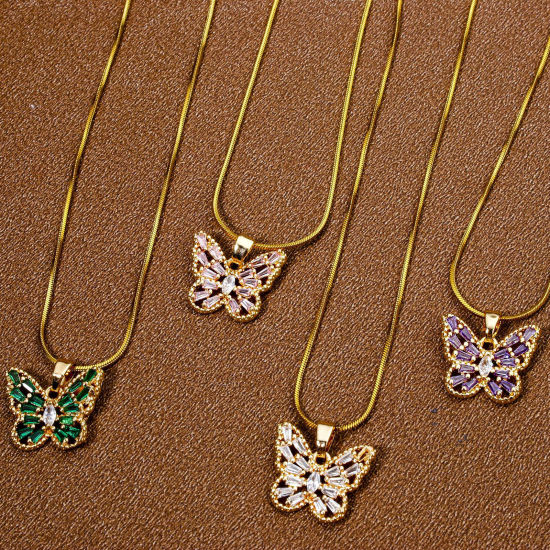 Picture of Brass Insect Charm Pendant Gold Plated Butterfly Animal Hollow Multicolor Rhinestone 16mm x 16mm