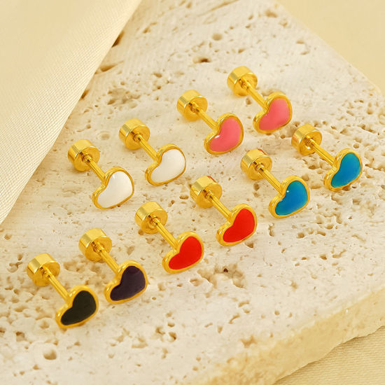 Image de 1 Paire Placage sous Vide Sucré & Mignon Boucles d'Oreilles Puces La Saint Valentin en 304 Acier Inoxydable Cœur Plaqué Or 18K Multicolore Émail La Saint-Valentin Pour Femmes