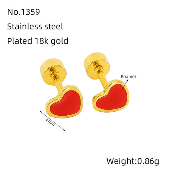 Image de 1 Paire Placage sous Vide Sucré & Mignon Boucles d'Oreilles Puces La Saint Valentin en 304 Acier Inoxydable Cœur Plaqué Or 18K Multicolore Émail La Saint-Valentin Pour Femmes