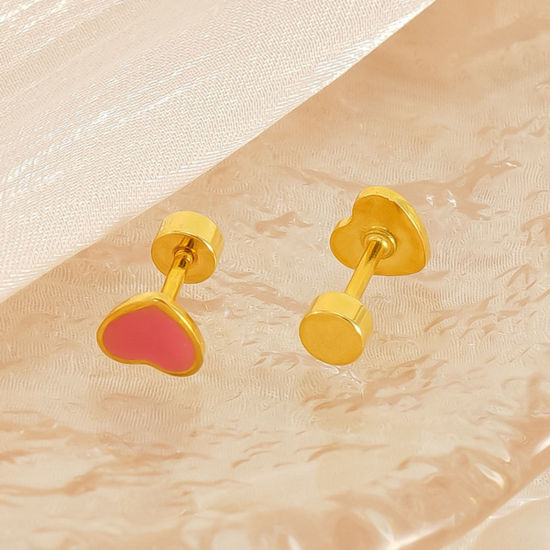 Image de 1 Paire Placage sous Vide Sucré & Mignon Boucles d'Oreilles Puces La Saint Valentin en 304 Acier Inoxydable Cœur Plaqué Or 18K Multicolore Émail La Saint-Valentin Pour Femmes