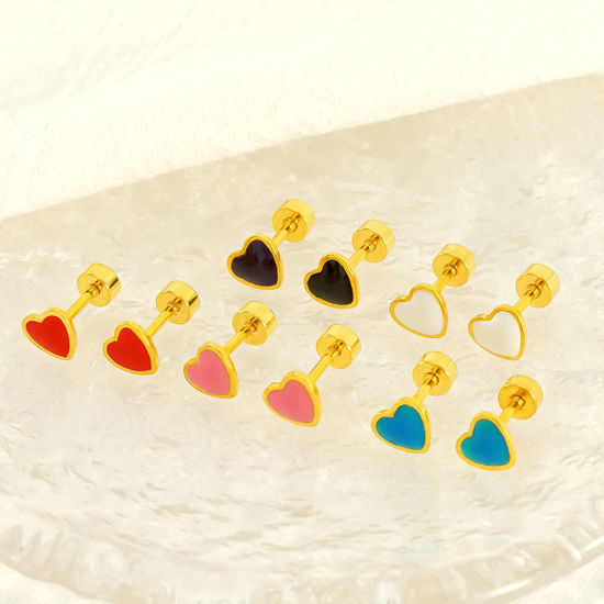 Image de 1 Paire Placage sous Vide Sucré & Mignon Boucles d'Oreilles Puces La Saint Valentin en 304 Acier Inoxydable Cœur Plaqué Or 18K Multicolore Émail La Saint-Valentin Pour Femmes