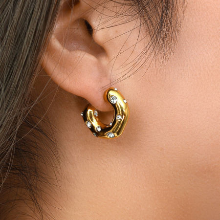 Vacuum Plating Simple & Casual Stylish Multicolor 304 Stainless Steel & Rhinestone C Shape Hoop Earrings For Women Party