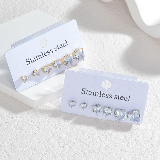 Picture of Vacuum Plating Exquisite Valentine's Day Multicolor 304 Stainless Steel & Rhinestone Heart Ear Post Stud Earrings Set For Women Party