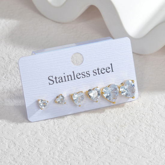 Picture of Vacuum Plating Exquisite Valentine's Day Multicolor 304 Stainless Steel & Rhinestone Heart Ear Post Stud Earrings Set For Women Party