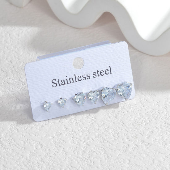 Picture of Vacuum Plating Exquisite Valentine's Day Multicolor 304 Stainless Steel & Rhinestone Heart Ear Post Stud Earrings Set For Women Party