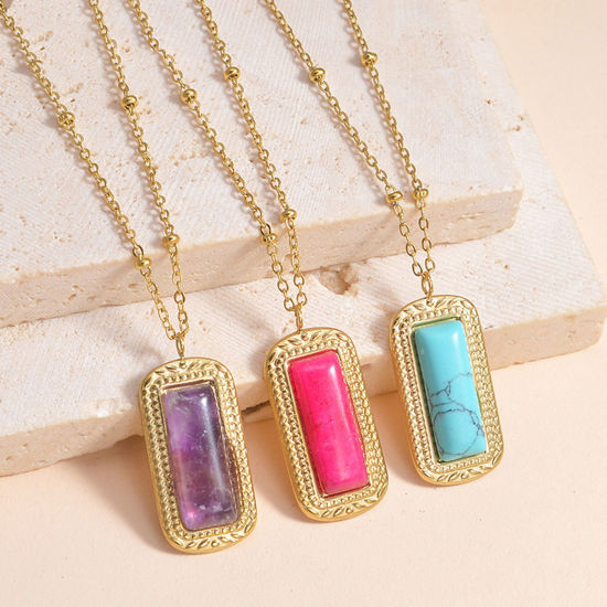 Image de 1 Pièce Collier à Pendentif Chaîne Maille Bille Rétro en 304 Acier Inoxydable & Pierre Placage sous Vide Simple & Décontracté Plaqué Or 18K Multicolore Rectangle Pour Femmes Fête