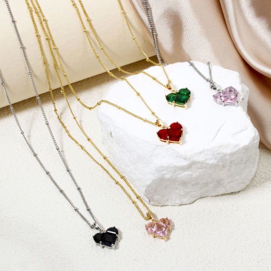 Image de 1 Pièce Collier à Pendentif Chaîne Maille Bille La Saint Valentin en Laiton & Zirconia Cubique Respectueux de la Nature À la Mode Plaqué Or Véritable Multicolore Cœur Pour Femmes Engagement