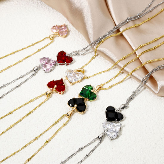 Image de 1 Pièce Collier à Pendentif Chaîne Maille Bille La Saint Valentin en Laiton & Zirconia Cubique Respectueux de la Nature À la Mode Plaqué Or Véritable Multicolore Cœur Pour Femmes Engagement