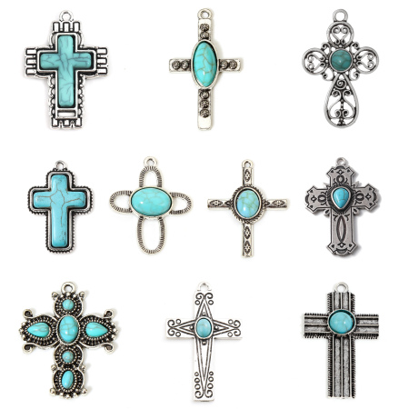5 Unidades Zamak Bohemia Colgantes Plata Antigua Cruz Con Resina Cabochons Imitación Turquesa