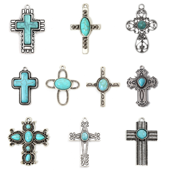 Изображение 5 PCs Zinc Based Alloy Boho Chic Bohemia Pendants Antique Silver Color Cross With Resin Cabochons Imitation Turquoise