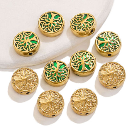 Bild von 1 Stück Vakuumbeschichtung 304 Edelstahl Perlen für die DIY-Schmuckherstellung Flachrund 18K Gold Plattiert Lebensbaum 11mm D., Loch: ca. 1.5mm