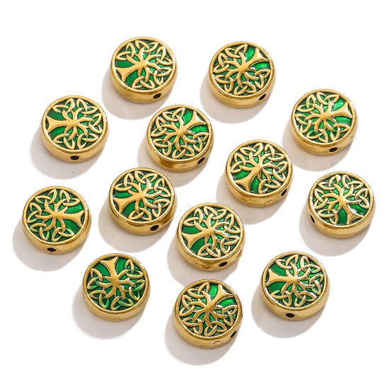 Picture of Vacuum Plating 304 Stainless Steel Beads For DIY Charm Jewelry Making Flat Round 18K Gold Plated Tree of Life 11mm Dia., Hole: Approx 1.5mm