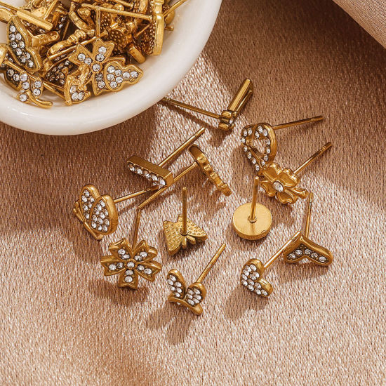 Picture of Vacuum Plating 304 Stainless Steel Ear Post Stud Earrings Gold Plated Geometric Micro Pave Clear Rhinestone