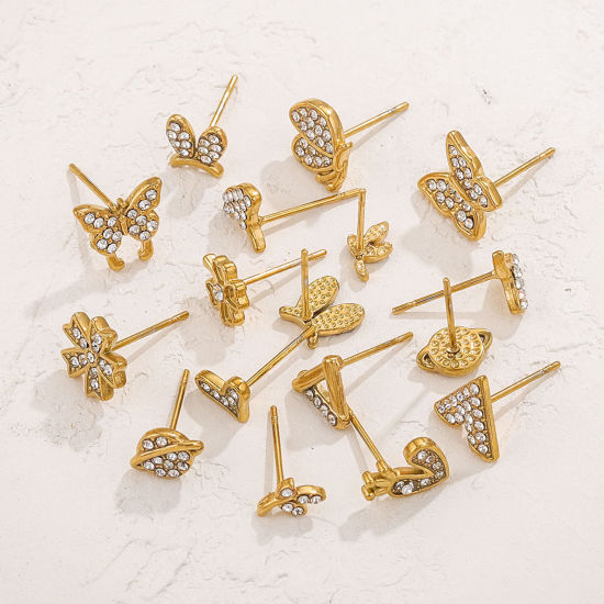 Picture of Vacuum Plating 304 Stainless Steel Ear Post Stud Earrings Gold Plated Geometric Micro Pave Clear Rhinestone