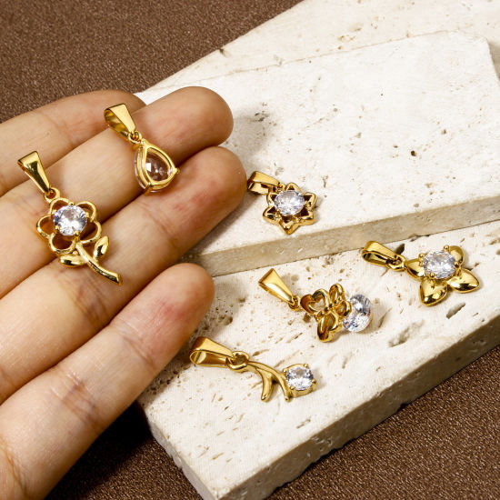 Image de 1 Pièce Breloques en 304 Acier Inoxydable Placage sous Vide Doré à Strass Transparent