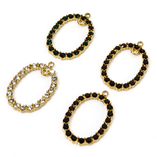 Picture of Vacuum Plating 304 Stainless Steel Charms 18K Gold Plated Oval Micro Pave 24mm x 16mm