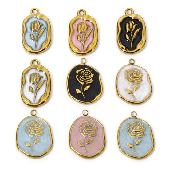 Picture of Vacuum Plating 304 Stainless Steel Charms 18K Gold Plated Oval Flower Enamel