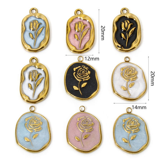 Picture of Vacuum Plating 304 Stainless Steel Charms 18K Gold Plated Oval Flower Enamel