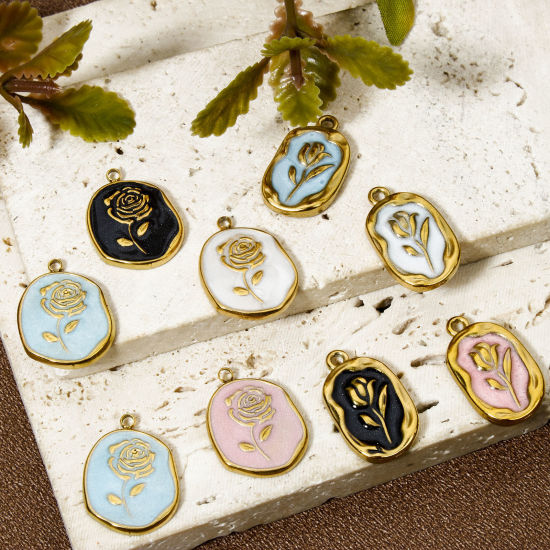 Picture of Vacuum Plating 304 Stainless Steel Charms 18K Gold Plated Oval Flower Enamel