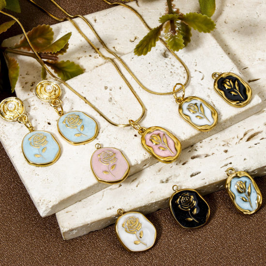 Picture of Vacuum Plating 304 Stainless Steel Charms 18K Gold Plated Oval Flower Enamel